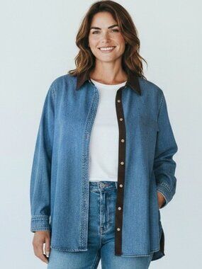Vintage Casual Corner Annex Woman 3X Denim Shirt Black Suede Trim Y2K